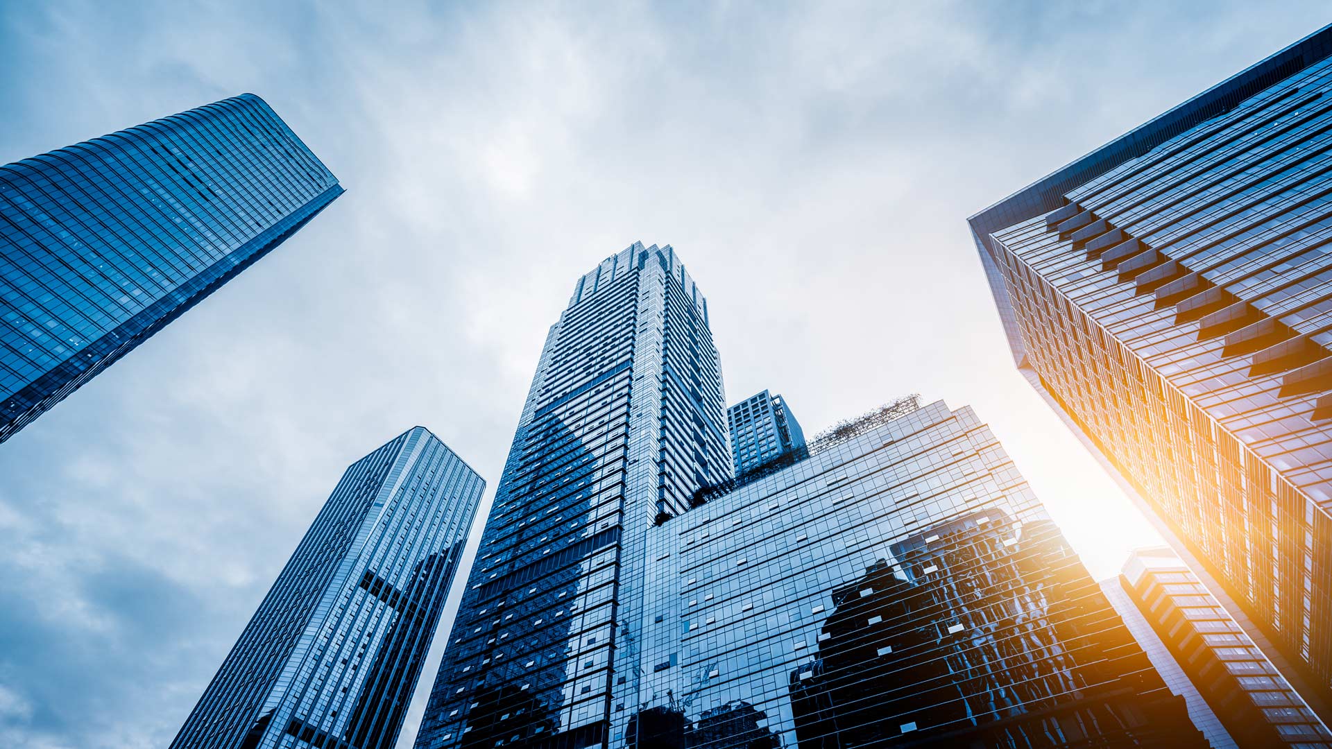 Low angle view of skyscrapers with a deep blue hue.
